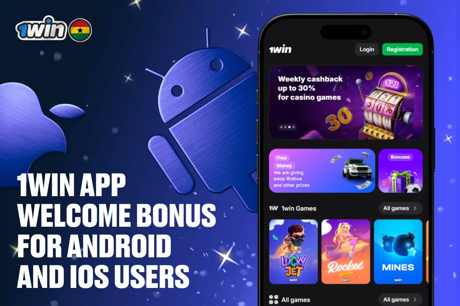 1win app welcome bonus available for android and iOS users in Ghana